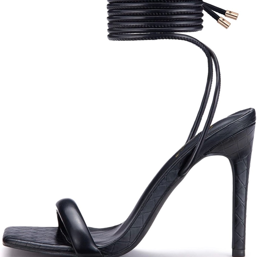 Black Strappy Lace Up Stillettos High Heel Sandals Open Square Toe Ankle Wrap